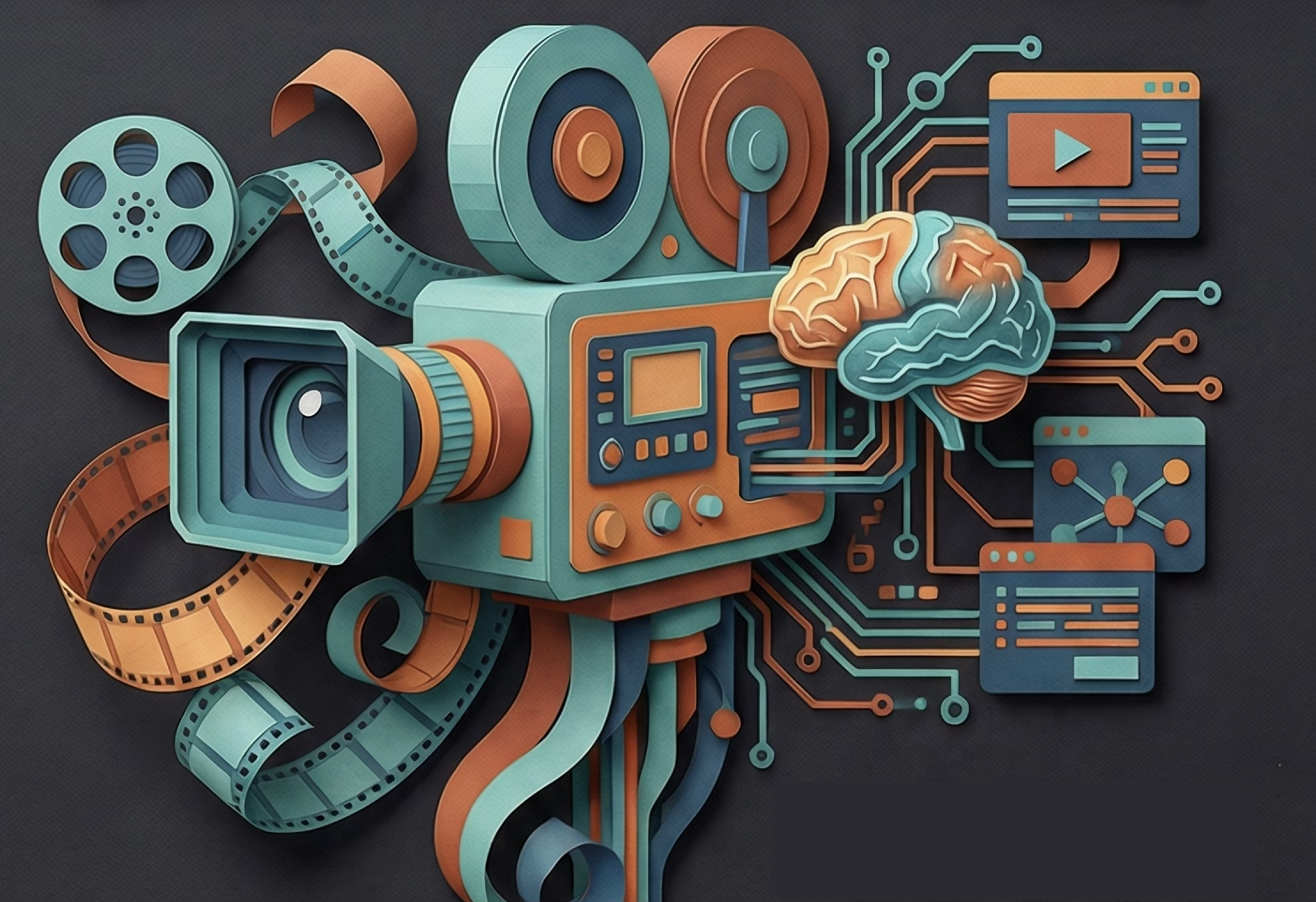 Ilustración editorial que conecta cine, fotografía, creatividad e inteligencia artificial.