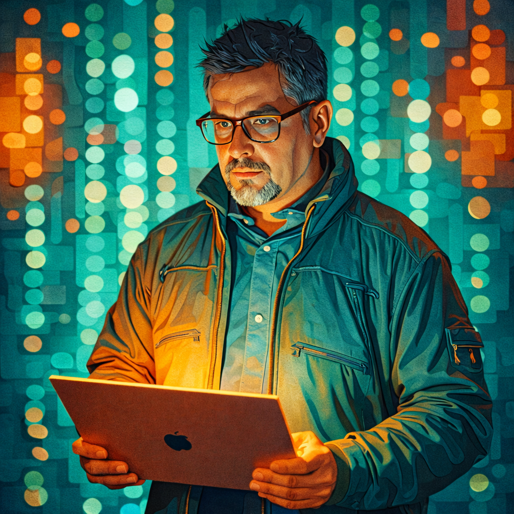 Retrato ilustrado de Manuel Roberto trabajando con su computadora